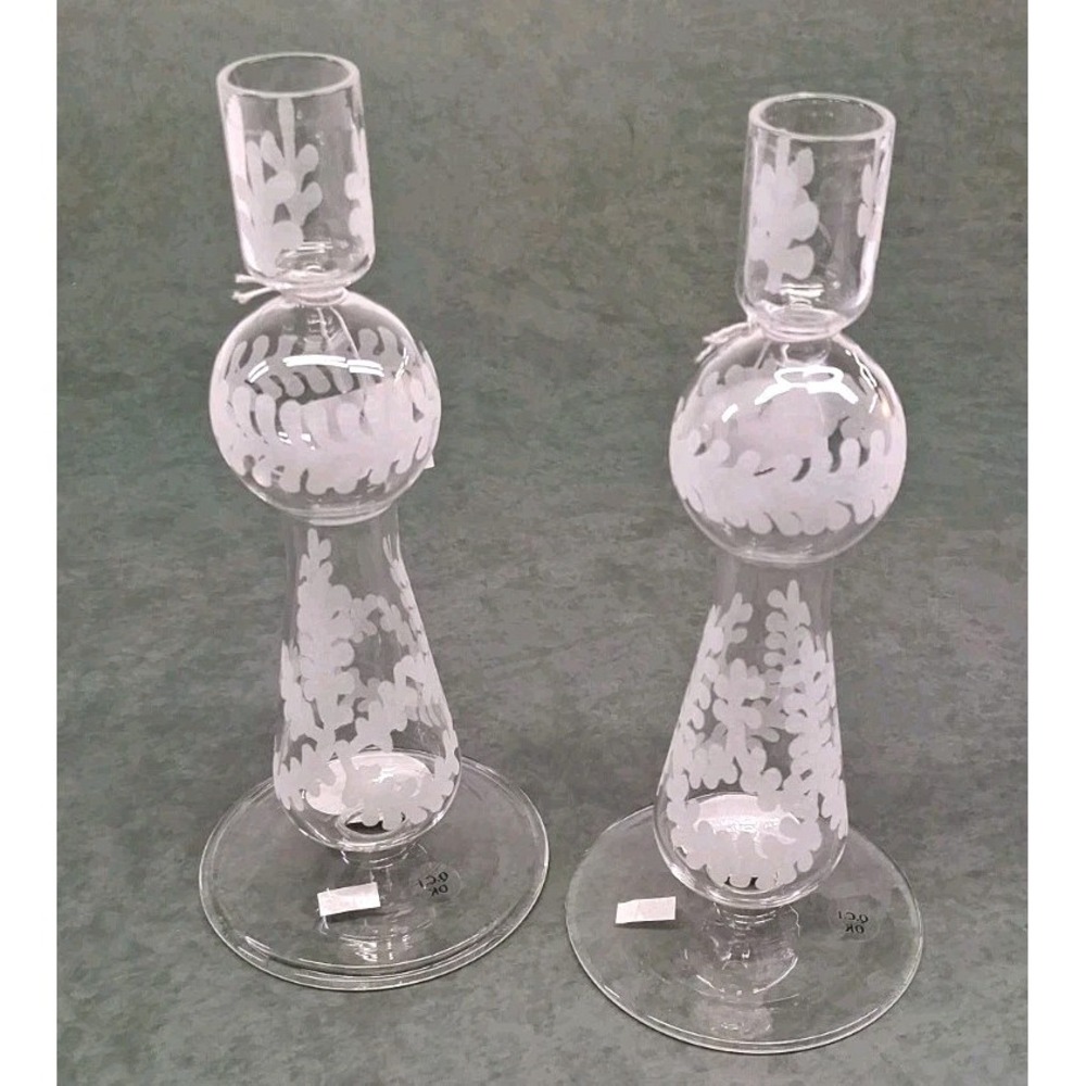Pottery Barn Set of (2) Etched Glass Taper Candle Holders 8-1/4 Inches Tall- NWT